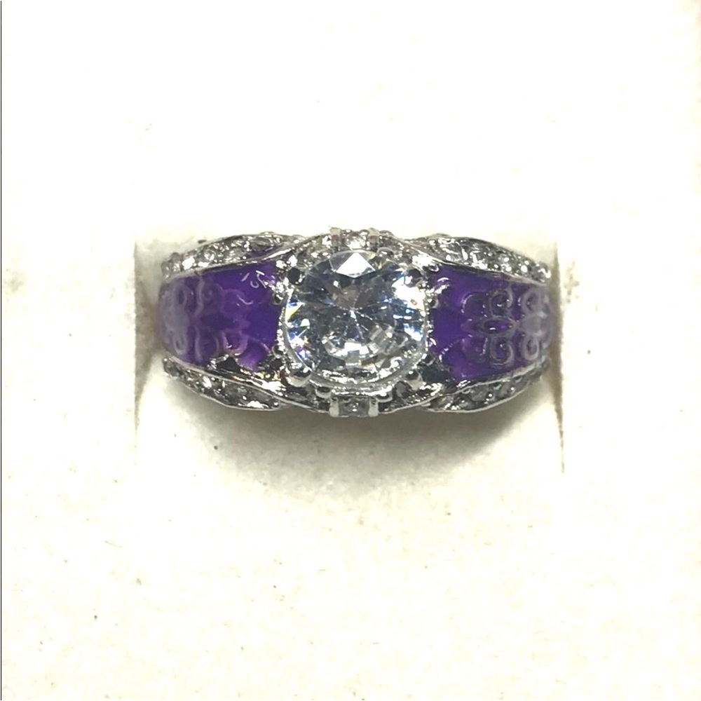 New Sterling silver white topaz w/purple accent statement ring size 5